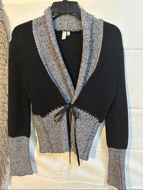 Black and Gray Shawl Collar Tie-Front Women's Sweater